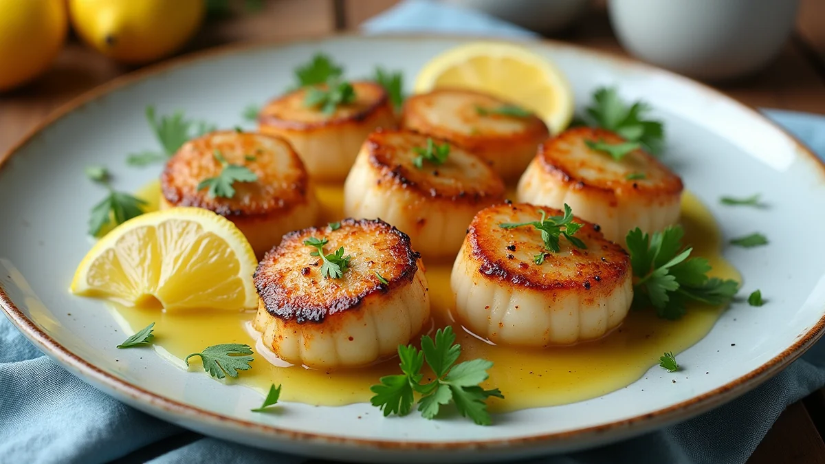 Golden garlic lemon butter seared scallops with fresh parsley and lemon wedges on a wooden table